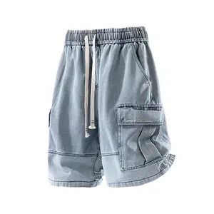 Summer washed workwear denim shorts with elastic waistband and drawstring design, multiple pockets, casual wide-leg cut, trendy versatile slimming straight mid-length, breathable and comfortable vintage distressed style—an essential for everyday streetwea