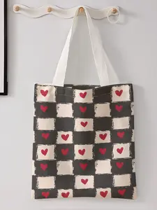 Heart Pattern Printed Casual Storage Bag, Night Scene, Fashionable and Trendy, Suitable for Daily Shopping Office and Various Occasions