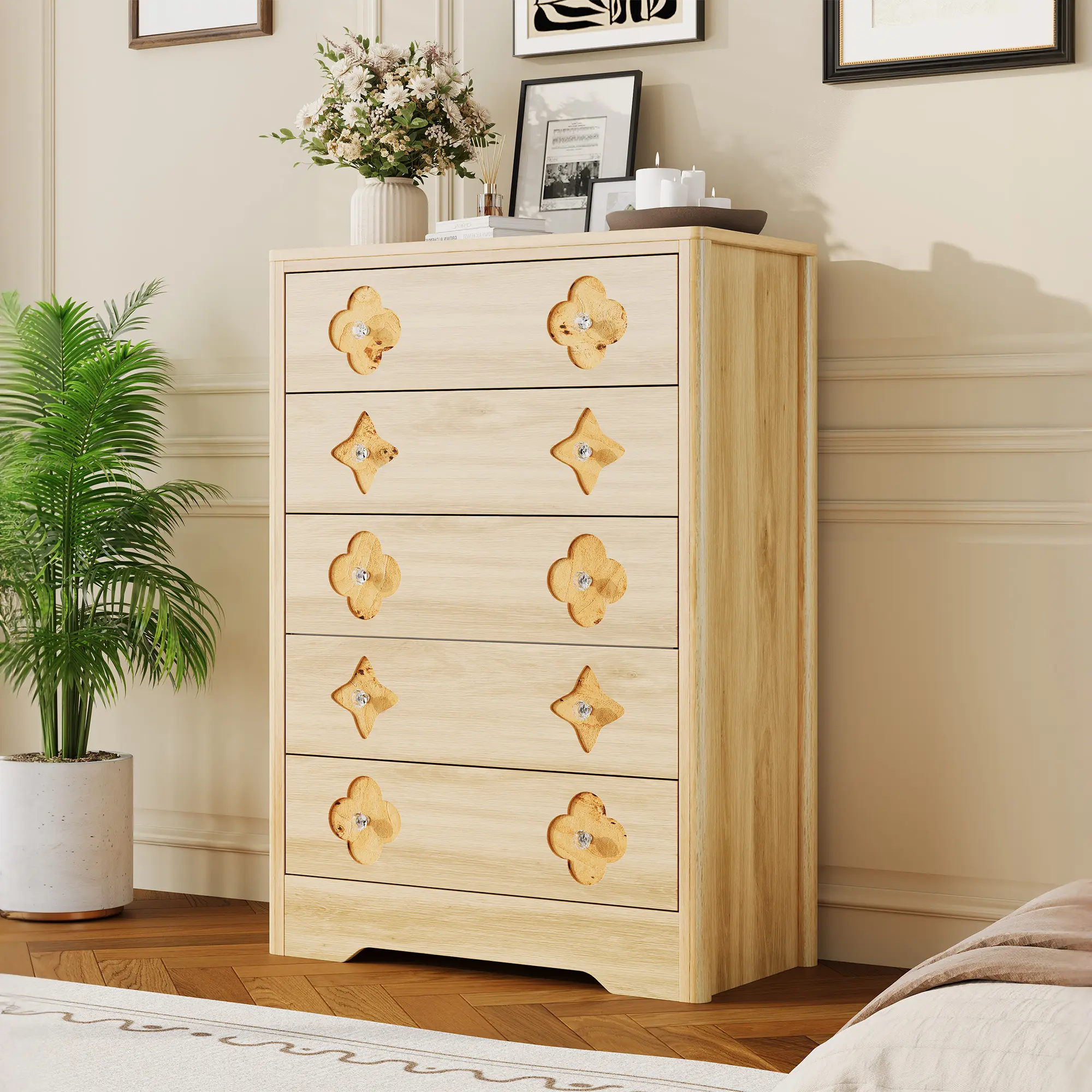 Spacious Boho Tall Dresser - 5-Drawer Wooden Chest with Decorative Rattan Fronts, Large Storage, Versatile for Bedroom, Living Room, Nursery, or Hallway - Brown