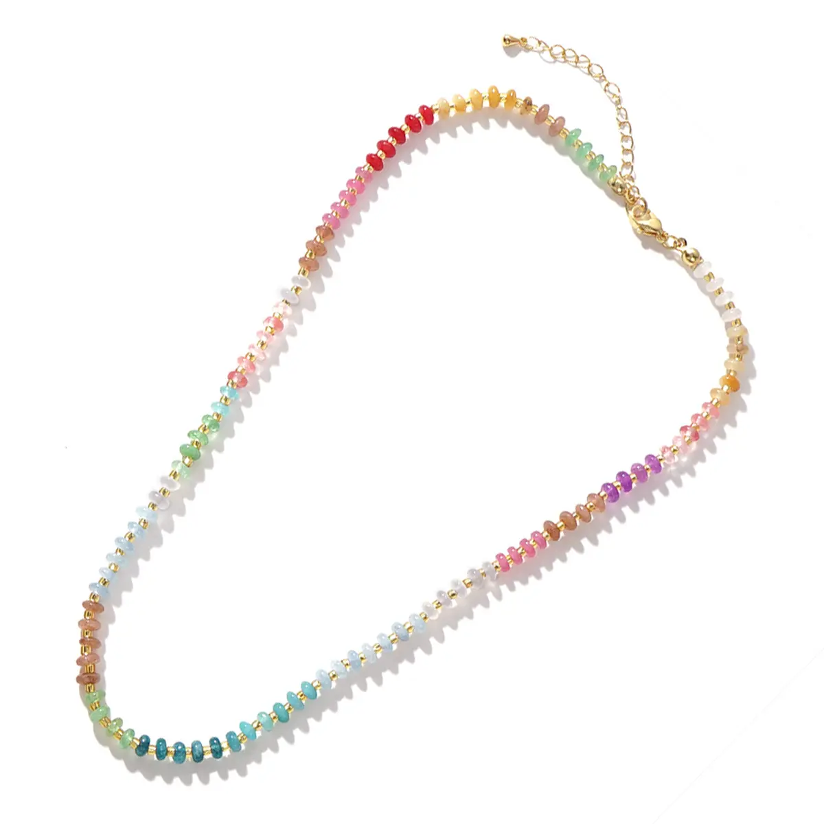 Bohemian Rainbow Stone Bead Women's Necklace, exquisite round stone necklace with adjustable extension chain, suitable for women's summer personalized jewelry