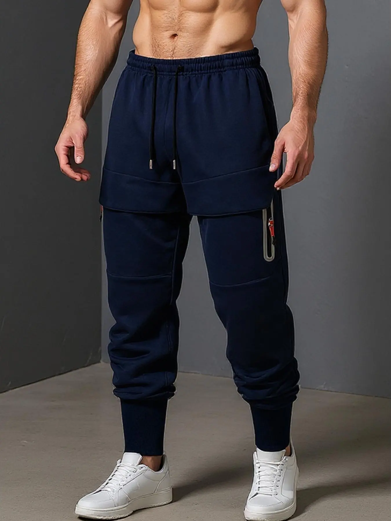 Men’s Navy Blue Techwear Joggers with Zipper Pockets - Athletic, Contemporary, Non-Transparent Men’s Pants for Urban Streetwear and Gym Sessions, Athletic Men's Pants