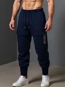 Men’s Navy Blue Techwear Joggers with Zipper Pockets - Athletic, Contemporary, Non-Transparent Men’s Pants for Urban Streetwear and Gym Sessions, Athletic Men's Pants