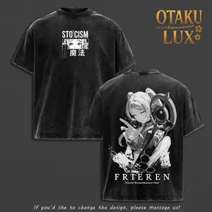 Frieren Beyond Journey’s End Anime Vintage Washed T-Shirt Oversized Unisex Graphic Tee Soft Cotton Fantasy Mage Elf Aesthetic Manga Anime Streetwear Shirt Y2K Minimal Anime Merch Gift For Frieren Fans