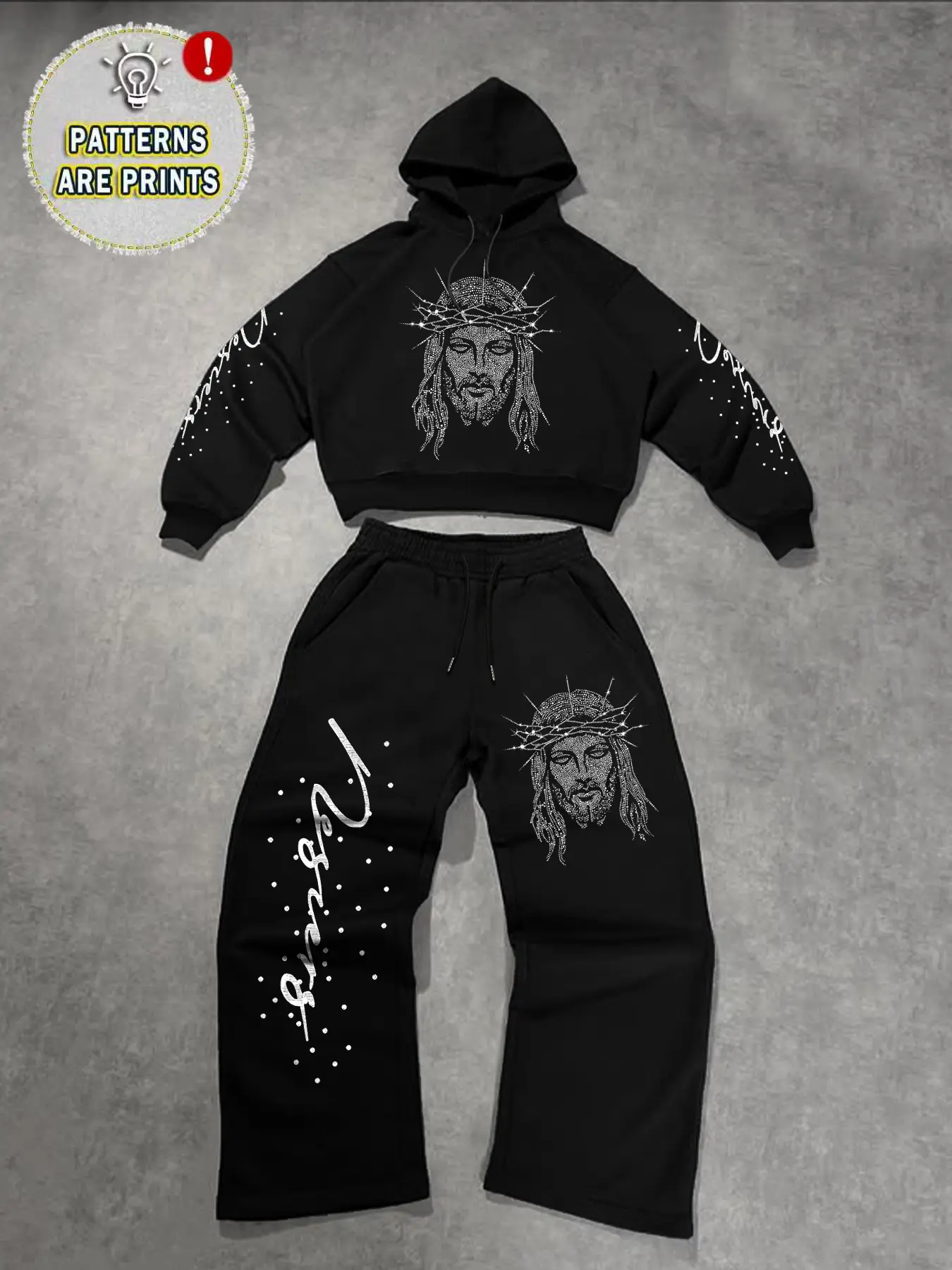 Men's Spring Fall Winter Casual Streetwear Matching Trouser Set Outfit, Hooded Long Sleeve Sweatshirt & Wide Leg Pants, Graphic Letter Print, Religious Print, Pockets, Drawstring, Street Style