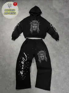 Men's Spring Fall Winter Casual Streetwear Set, Hooded Long Sleeve Sweatshirt & Wide Leg Pants, Graphic Letter Print, Religious Print, Pockets, Drawstring, Street Style