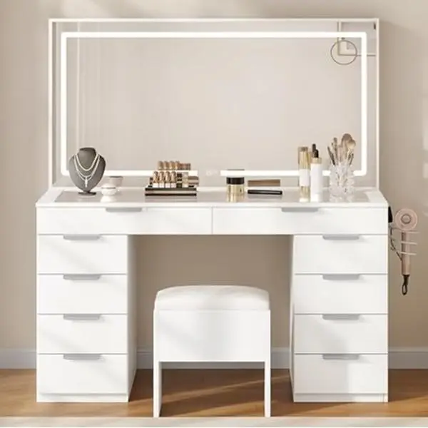 DWVO Makeup Vanity with Light Strip & Extra-Large Mirror, 10/11 Drawers Vanity Table Set with Power Hub & Hair Dryer Rack, Glass Top Vanity with 3 Col