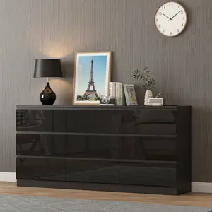 Black 9 Drawer Dresser for Bedroom, 70” Long High Gloss Wood Chest of Drawers with Charging Station, Handle-Free Modern Wide Double Dresser for Living Room Entryway