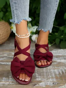 Women's Cute Bow Design Flat Sandals, Classic Casual Summer Beach Resort Shoes, Fashion Versatile Daily Wear Footwear