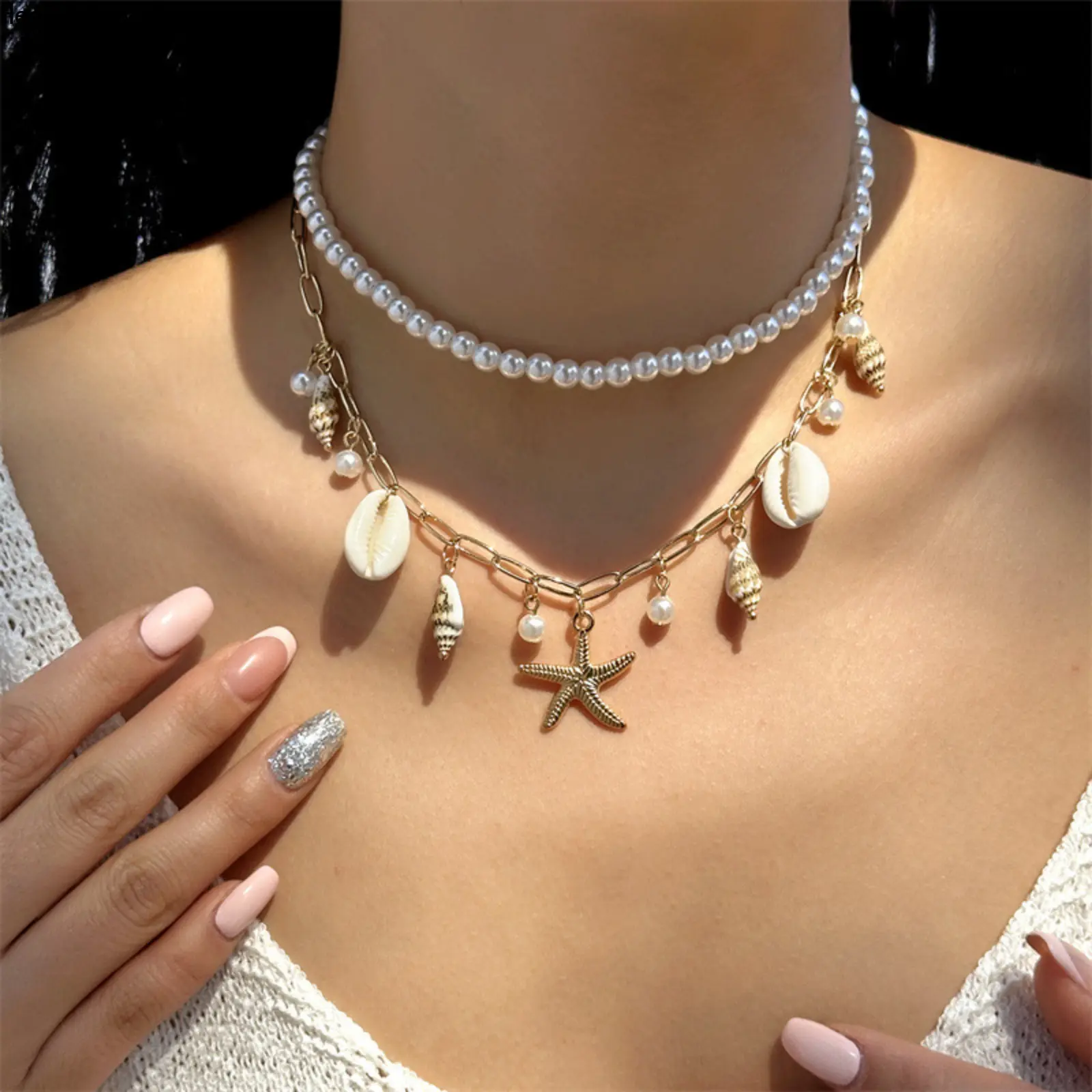 2-Pack Mermaidcore Layered Starfish Necklaces Set, Layered Gold Necklaces with Detachable High-Luster Pearl, Seashell Pendant Chain, Hypoallergenic Beach Vacation Jewelry Gift, Multi Layered Necklaces, Two Piece Set