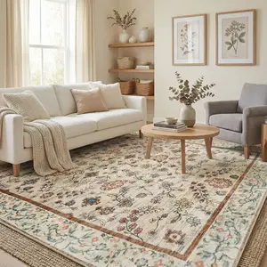 5x7 Washable Boho Area Rug for Living Room, Vintage Floral Non Slip Bedroom Rugs, Soft Low Pile Carpet for Kitchen Bathroom Farmhouse Nursery Kids Room Dining Room,Yellow