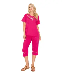 Women's Short Sleeve Embroidered Blouse and Matching Capri Set Fuchsia WS16
