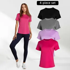 4 Women's Patchwork High Elastic Soft &Comfortable Round Neck Flat Shoulder Short SleeveYoga Clothes, Athletic Activewear, Four SeasonsOutdoor Running, Cycling, Mountain Walking, HomeT-shirt Gym Training