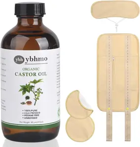 YBHMO Organic Castor Oil Cold Pressed Glass Bottle (8fl.oz/237ml), Castor Oil Pack Wrap Organic Cotton for Liver Wastes Release, Inflammation and Relieve Pain Body Care Comfort