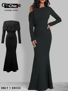 Elegant Women's Chic Asymmetrical Neck Long Dress, One Shoulder Design, Floor-Length Evening Gown, Perfect for Special Occasions, Elegant Party Dress