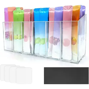 Drink Packet Organizer with Removable Divider & 6 Compartment, Mounted Water Packet Organizer with Soft  and Adhesive Sticker, Water Flavor Packet Storage for Kitchen Pantry Cabinet Fridge