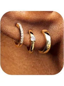 3 Pairs Gold Hoop Earrings for Women, 14K Gold Plated Sterling Silver CZ Huggie Earrings for Multiple Piercing, Hypoallergenic Small Chunky Hoop Earrings Stack