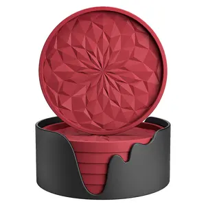 Silicone Coaster with Holder, 6 Counts/set Non-slip Coaster, Durable Cup Mat for Hot & Cold Drink, Coffee Table Mat, Kitchen Accessories