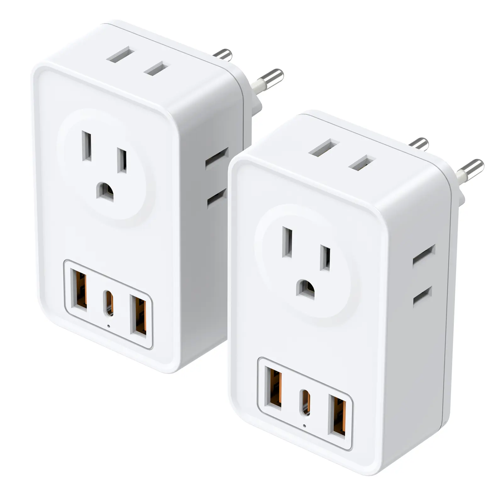 2 Pack US to Europe Plug Adapter with 4 Outlets 3 USB Charger (1 USB C Port), Type C Power Adaptor to Italy Spain France Portugal Iceland Germany.