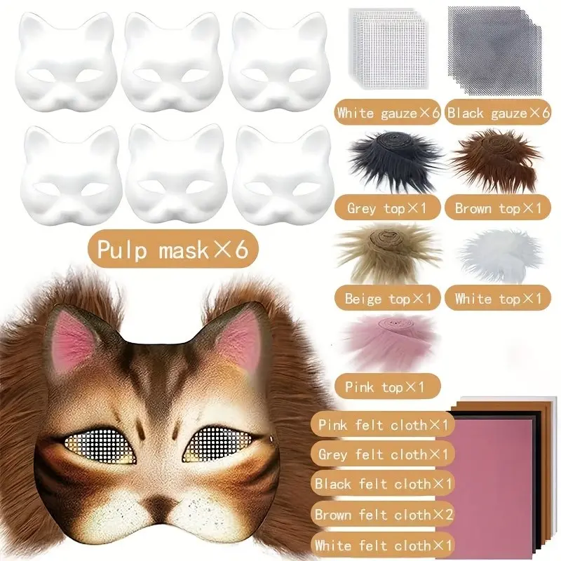 29pcs Cat Face Mask Set, Includes Masks, Mesh, Faux Fur Strips, Felt Cloth, DIY Halloween Costume, Mask Cosplay, Party Gift, Party Accessories, Animal Mask