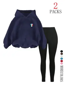 Women's Ada Letter Print Fleece Sweatshirt Set, Long Sleeve Top & High Waist Pants, Casual Fall Winter Warm