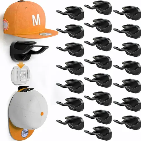 22-Pack Black Adhesive Wall Hat Organizer - Removable, No-Drilling Sticky Hanger, Space-Saving Storage Solution for Baseball Caps