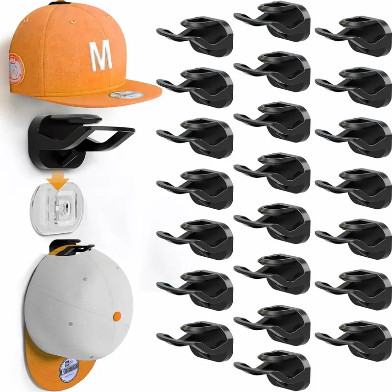 22-Pack Black Adhesive Wall Hat Organizer - Removable, No-Drilling Sticky Hanger, Space-Saving Storage Solution for Baseball Caps