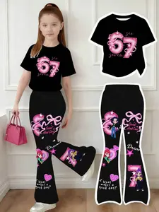 Adorable Multicolor Cartoon Girl Pattern Set, Fitted Round Neck Short Sleeve Top & Bell Bottoms, Casual Summer for Young Girls, Cartoon Print Set, Graphic Print Set