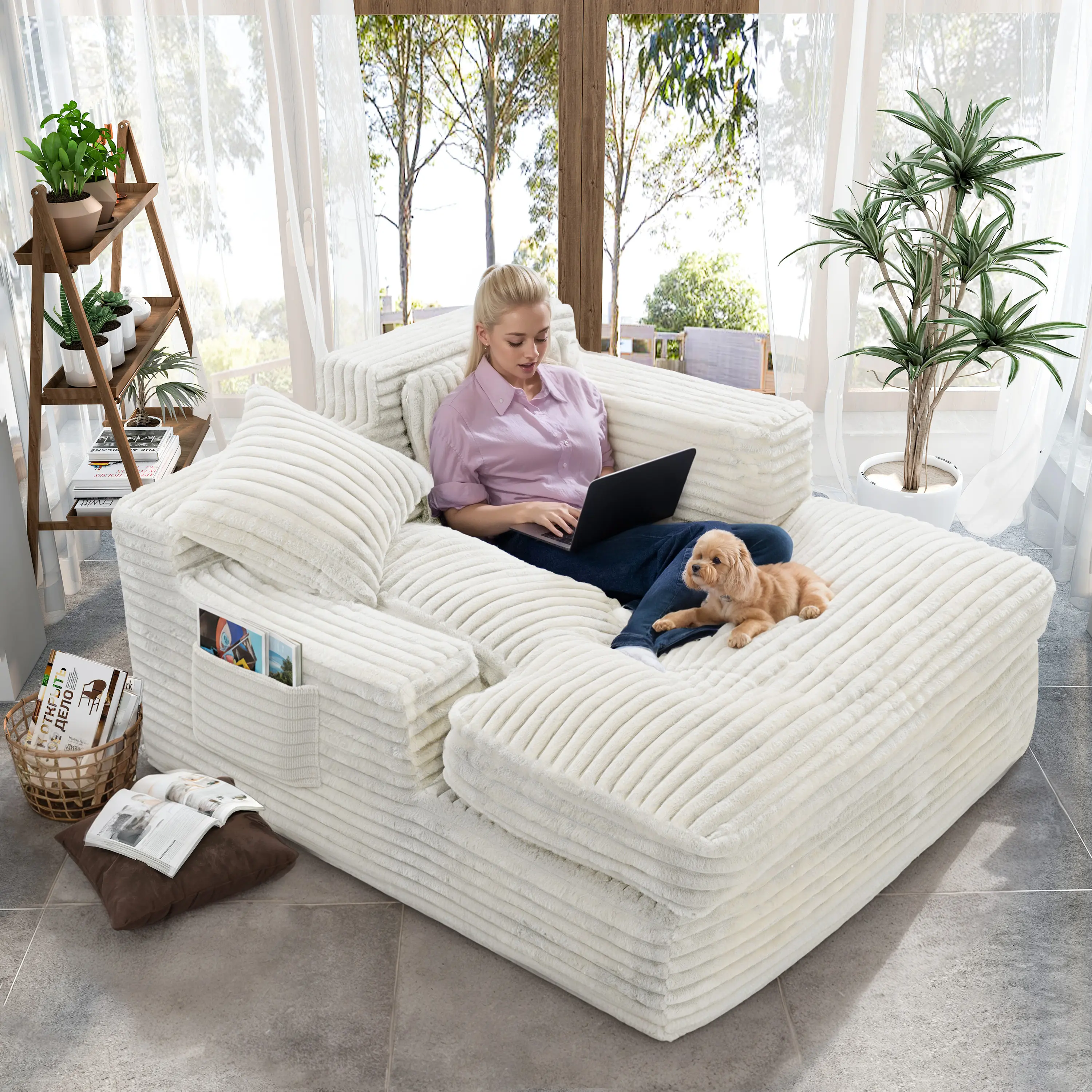 【Holiday Haul Sale】Ultra-Plush Convertible Chenille Chaise Lounge Cloud Couch - Modern Indoor Upholstered Sofa Bed, Armchair Sleeper with Throw Pillows & Armrests for Living Room