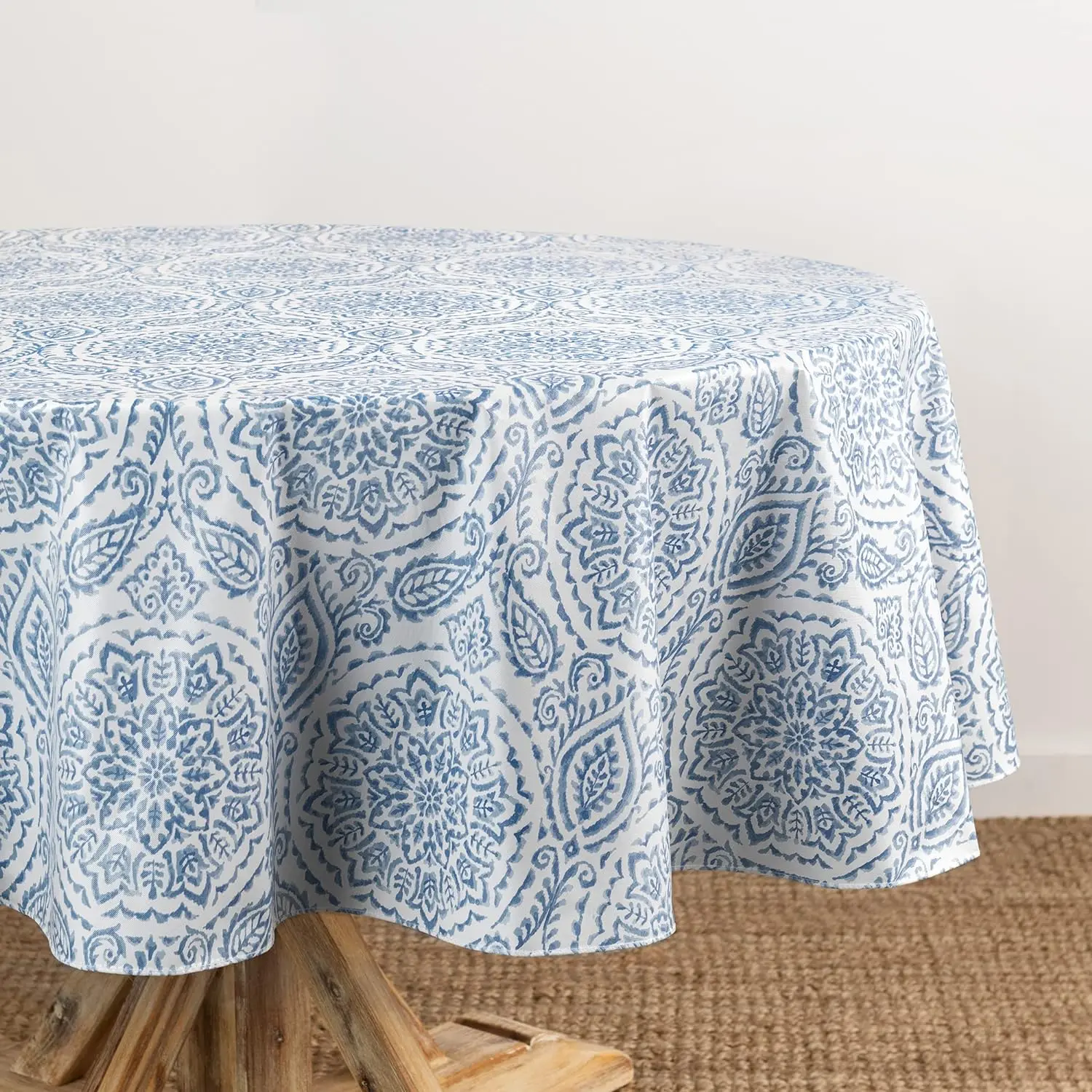 Boho Paisley Vinyl Round Tablecloth, 70in x 70in Savannah Blue, Water-Resistant, Stain-Resistant, Flannel-Backed for Home Room Decor