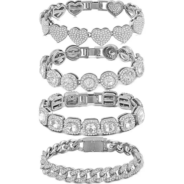 4PCS Bracelets for Women Silver Clustered Tennis Bracelet for Women Heart Round Diamond Cuban Bracelet Layered Link Bracelet Set Fashion Jewelry for Women Set campingessentials