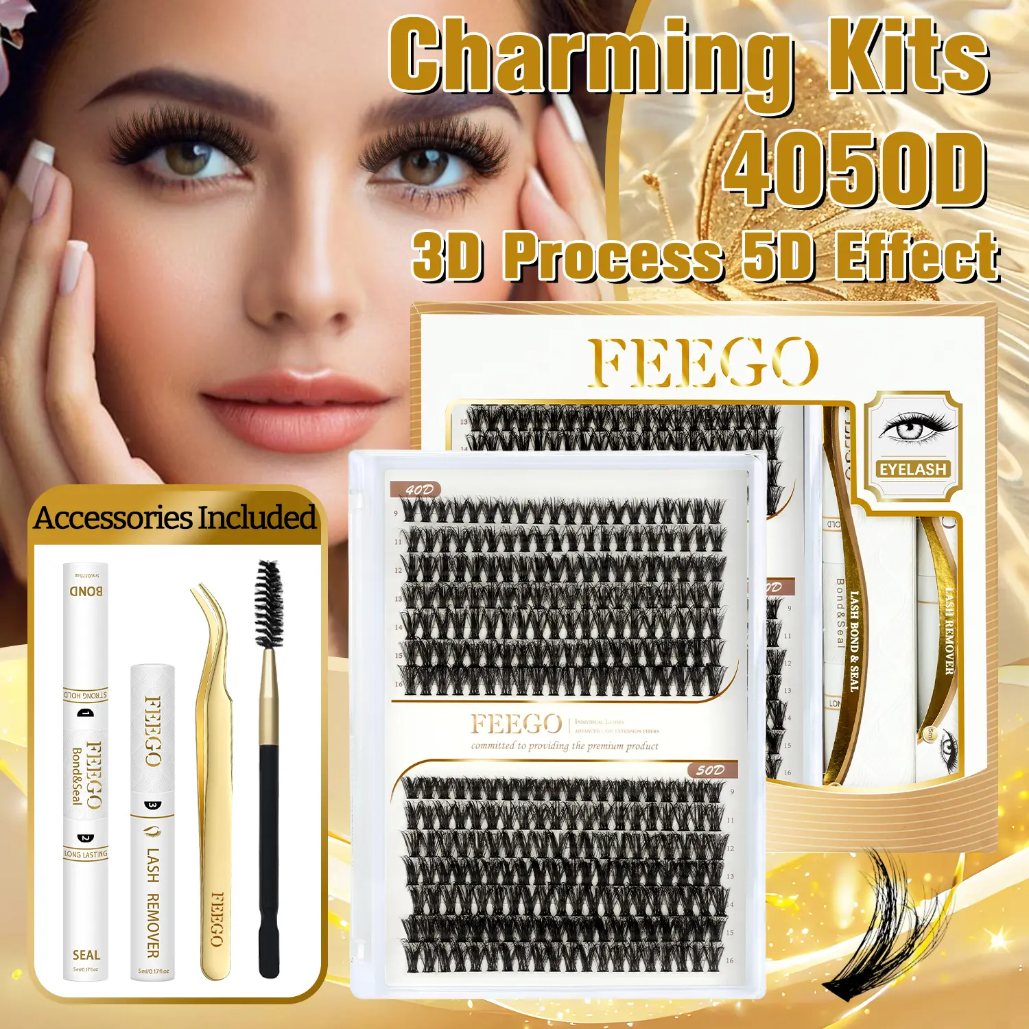 FEEGO Eyelashes Extensions Kit 40D+50D 9-16mm Lash Extension Kit Thick Volume Lash Clusters D Curl Individual Lashes with Lash Bond and Seal and Tweezers for Makeup Cosmetic Mascara Brush for Beginners