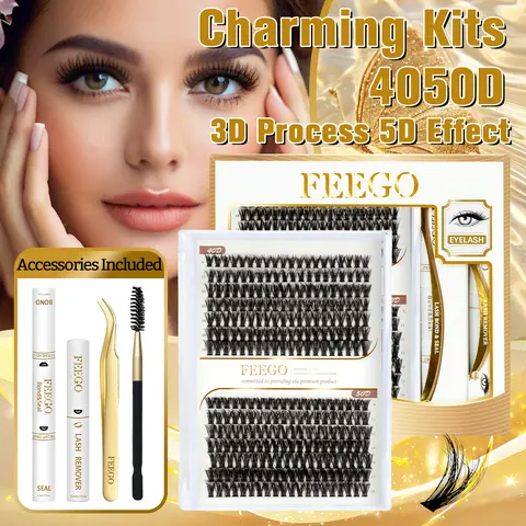 FEEGO Eyelash Extensions Kit - 40D+50D 9-16mm D Curl Cluster Lashes, Thick Volume Fake Fluffy Eyelashes, Cruelty-Free Fibers for Kind Beauty, with Lash Bond, Seal, Tweezers & Mascara Brush for Beginners