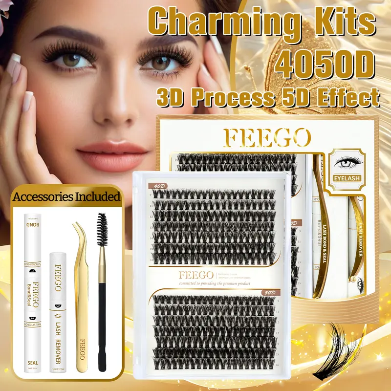 FEEGO Eyelash Extensions Kit - 40D+50D 9-16mm D Curl Cluster Lashes, Thick Volume Fake Fluffy Eyelashes, Cruelty-Free Fibers for Kind Beauty, with Lash Bond, Seal, Tweezers & Mascara Brush for Beginners