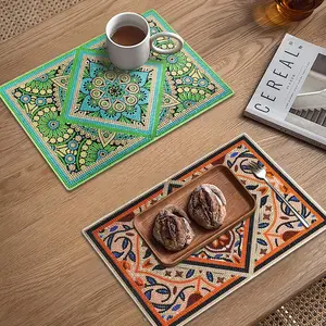 4pcs DIY Datura Stick Diamond Placemat Set Imitation Diamond Art Heat Insulation Non-slip Placemats 11.81x7.87in PU Leather for Family Gatherings Camping Holiday Table Decoration