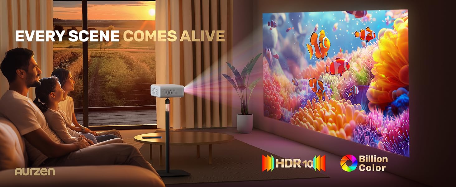 Aurzen EAZZE D1 Smart Projector - Native 1080P, 200 Lumens LCD Panel, WiFi, Bluetooth, Built-in APP, Auto Focus/Keystone, 16W Dolby Audio Speakers, HDR10, USB, Multi-Mounts, Portable Mini Home & Outdoor Movie Projector