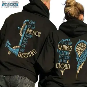 (300 Grams Blend) Valentine's Day Couple Outfit "She Is the Anchor / He Is the Wing" Letter-Print Couple Hoodie with Kangaroo Pocket, Plush Casual Long-Sleeved Hooded Shirt, Suitable for Outdoor Use