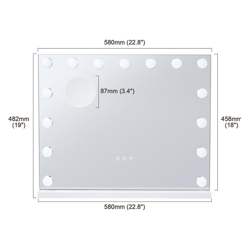 VEVOR Hollywood Vanity Mirror With Lights, TikTokShopBlackFriday,15 Dimmable Bulbs &3 Color Lighting Modes, Makeup Mirror w/ Detachable 5X Magnification,USB Port,Smart Touch Control,Desktop Wall-mount(22.8x18.1 in, White)