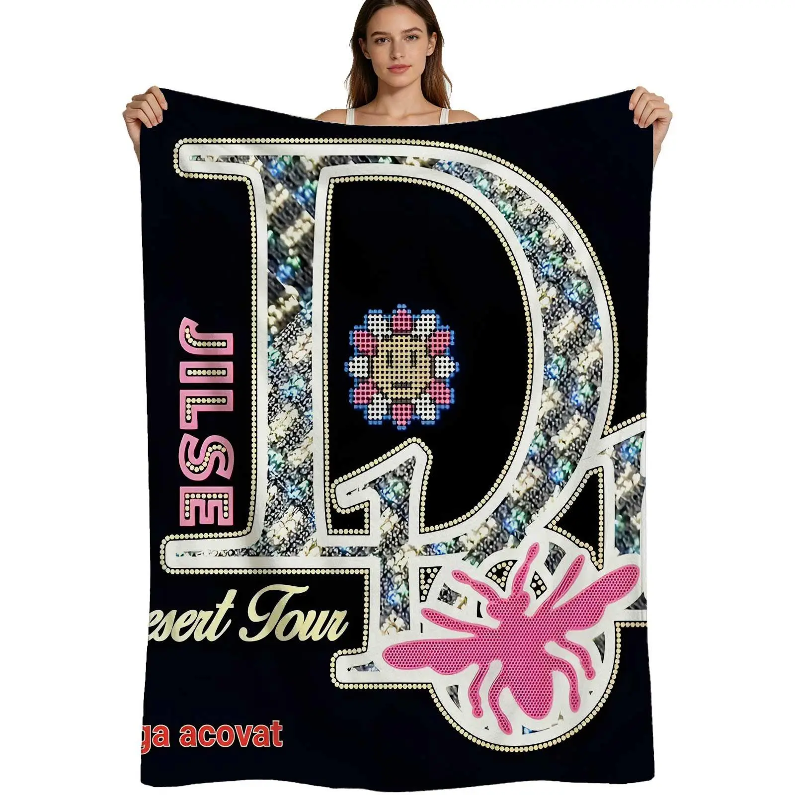 Anti-Pilling Flannel Cloth Blanket - Sequin-Embellished with Rhinestone-Style Sparkling Letter D, Pink Scorpion & Flower Design, 4 Sizes, for Desert Tour Music Event Fans, Couch/Bed Use, Single Pack