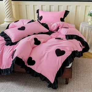 3 Pieces Romantic Pink Duvet Set - Black Love Pattern Print, Black Ruffle Trim, Soft, Comfortable, Breathable Bedding, Available in All Seasons, Suitable for Bedroom Rooms and Dorm, Bed Sets Supplies (1 Duvet Cover, 2 Pillowcases, No Filling)
