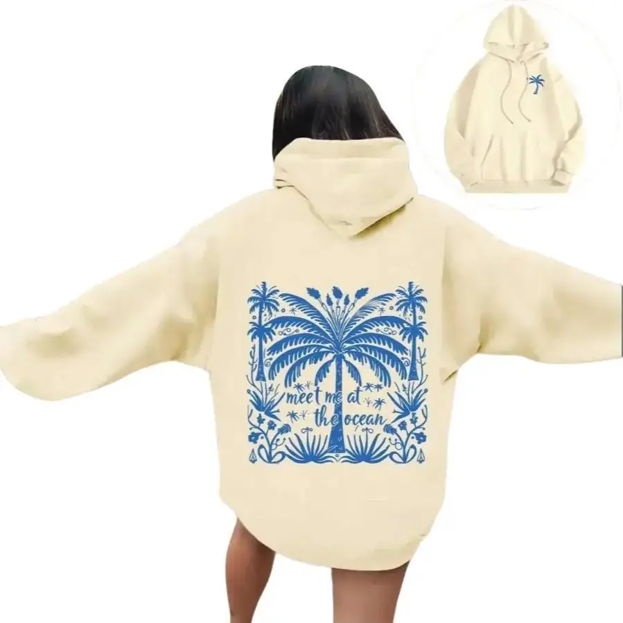 2025 Spring and Autumn Women's Long Sleeved Hoodie Palm Tree Printed Hoodie Pocket Street Fashion Casual Loose Sports Shirt Top