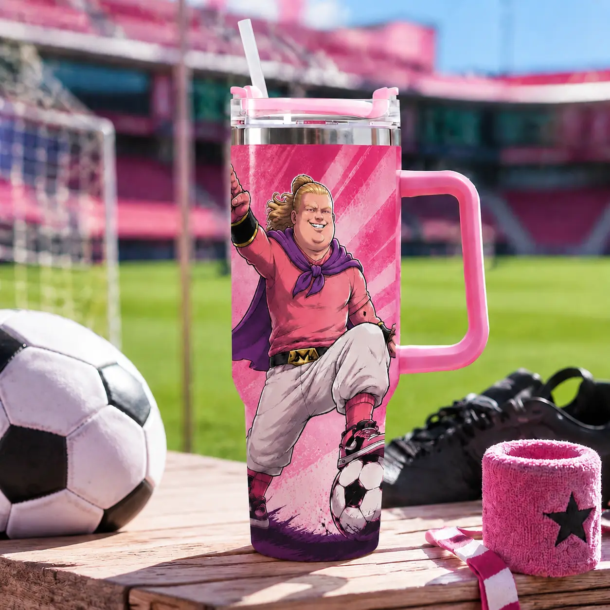 40oz Stainless Steel Insulated Tumbler with Handle & Straw - Full-Print Original Cartoon Soccer Striker Puppet Design, Large-Capacity Sports Drink Flask, Ideal Birthday Gift for Sports Lovers grooms men
