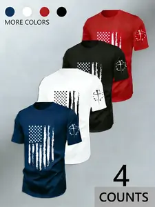 Men's Striped Short Sleeve T-Shirt Set, Round Neck Geometric Flag Pattern, Breathable Quick Dry, Sporty Casual Wear