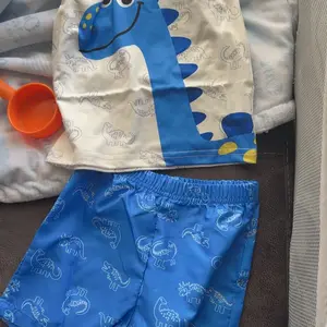 Cute Blue Adorable Dinosaur Print Short Sleeve T-Shirt, Elastic Waist Solid Color Shorts Set, Casual Baby Boy Toddler 2 Piece Outfit