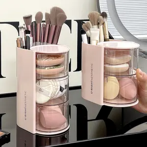 Rotating dust-proof makeup sponge storage box, desktop beauty sponge and cushion holder, multi-layer lipstick and makeup brush organizer for dressing table