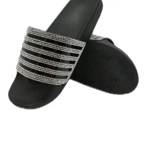 Elegant Black Slide Sandals with Rhinestone Stripes for Women Comfortable & Stylish Footwear