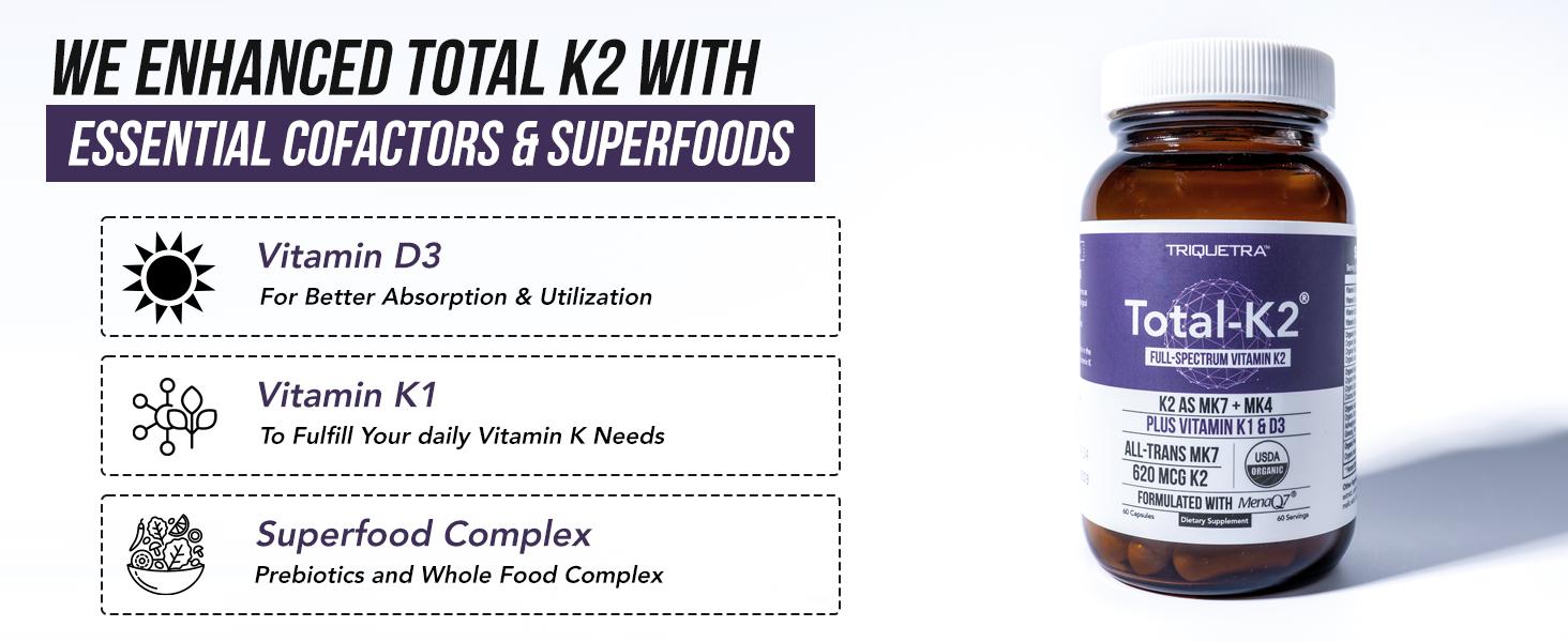 Total K2 | Full-Spectrum Vitamin K with D3 Cofactor – 620 mcg K2 (MK7 & MK4) per Serving – Vegan & Organic Certified – 60 Capsules