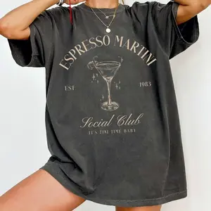 Espresso Martini Shirt Tini Time Crewneck Social Club Clothing Retro Signature Cocktail Funny Drinking Tee Girl Trip Clothing - Vintage unisex graphic tee Round Neck Menswear Tops Casual Cotton