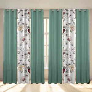 6-Panel Window Curtain Set, Sage Green Floral & Solid Color Combo, 38" x 84" Each, Light Filtering Decorative Drapes with Stainless Steel Grommets, Water Repellent & Pet Friendly
