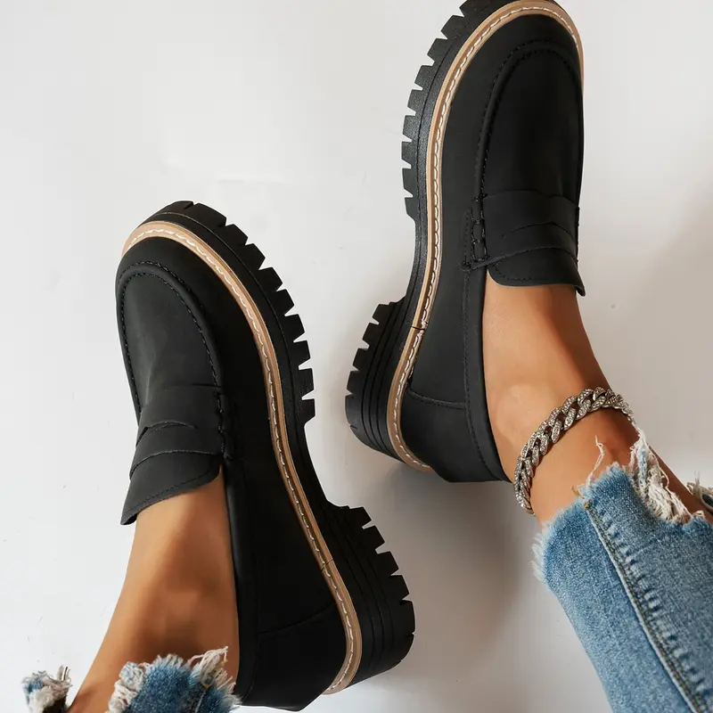 Women's Thick-Soled PU Leather Platform Loafers, Slip-On Shoes, Casual Summer Shoes, Versatile Shoes, Casual Style with Height-Increasing Comfort, Perfect for Commuting, Leisure Outings and Light Social Events
