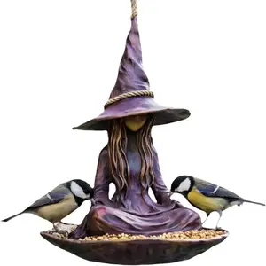 Whimsical Witch Bird Feeder Meditating Statue Resin Garden Ornament Outdoor Lawn Decor for Patio Backyard Bird Attraction Garden Sculptures Statues